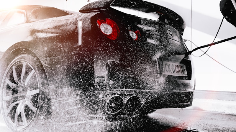 Professional car wash tunnel with clean vehicle